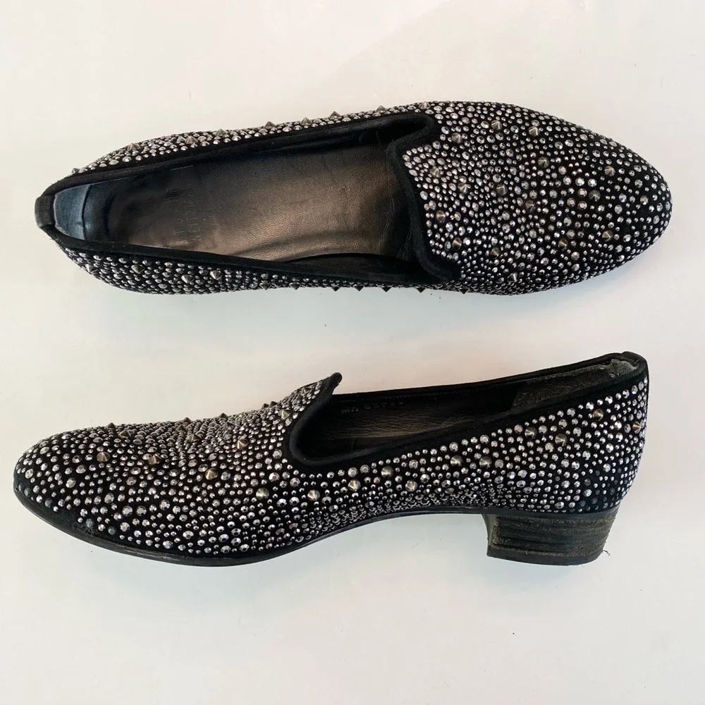Stuart Weitzman Slipbead Studded Stud Loafer Smoking Slipper Black Silver Sz 8